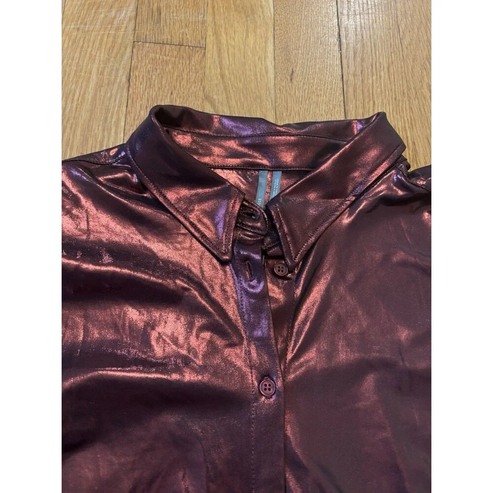 By Anthropologie Shine Button Down Shirt Burgundy Metallic Long Sleeve M NWT - Picture 3 of 7